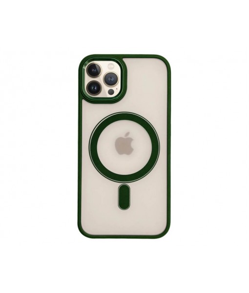Husa iPhone 13 Pro Max, Premium MagSafe, Butoane Metalice, Spate Transparent, Rama Verde